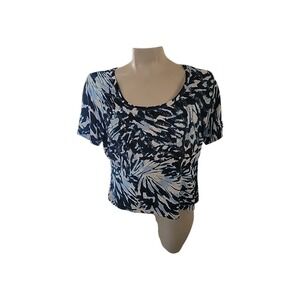 ST JOHN Abstract Rhinestone Top Blue White Black Short‎ Sleeve beach designer